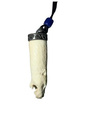 .925 ANTLER hand carved TIGER strung on leather with Russian blue Wampum